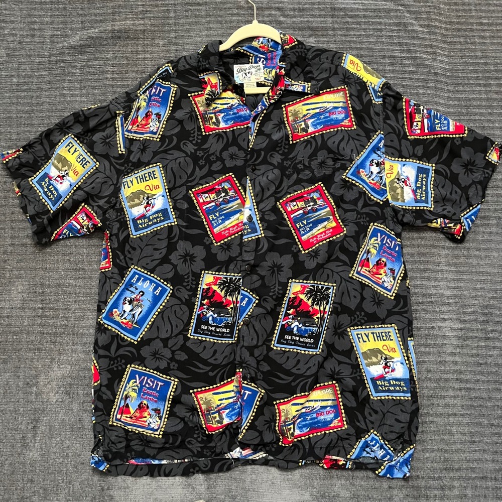Y2k Big Dog Button Up Hawaiian Shirt All Over Print Postage Stamps Large